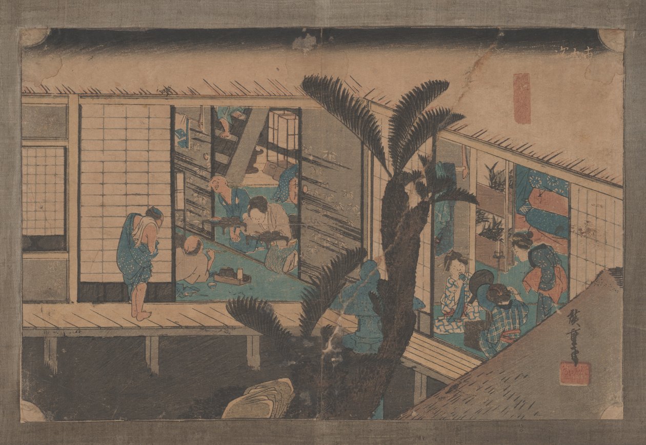 37. sz. „Akasaka: fogadó szolgálólányokkal” a Tokaido 53 állomásáról, 1833 alkotó: Utagawa Hiroshige