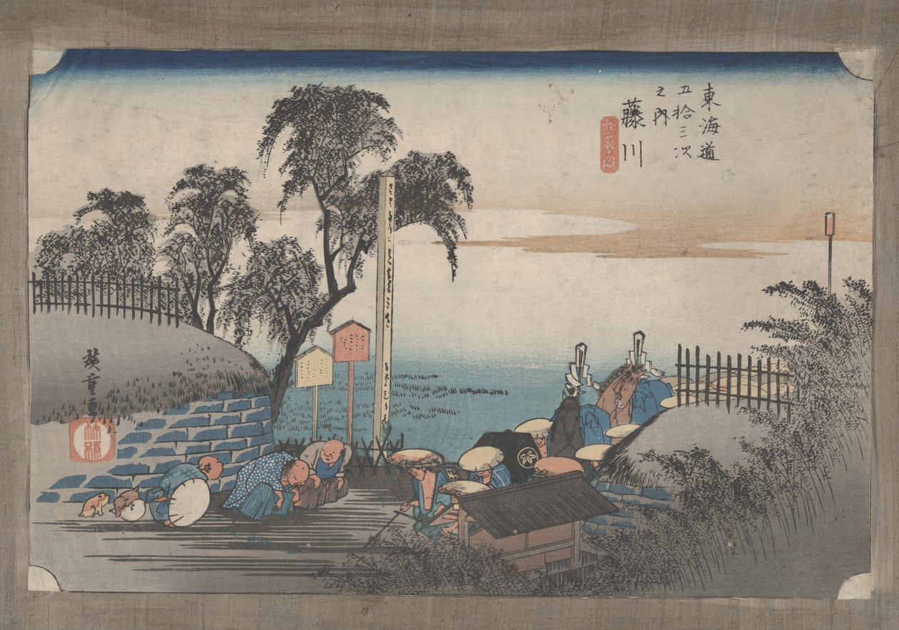 No. 38 "Fujikawa: Jelenet a posta külvárosában" a Tokaido 53 állomásáról alkotó: Utagawa Hiroshige