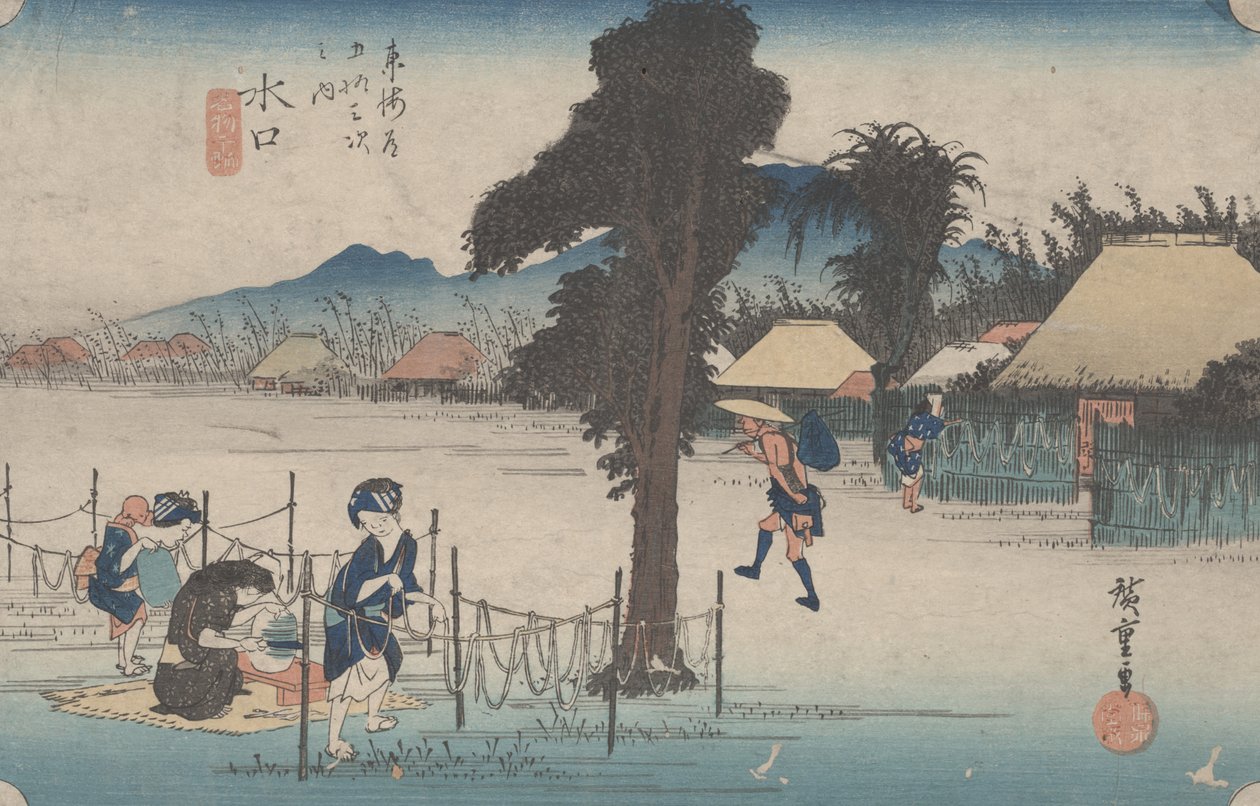 No. 51 „Minakuchi: Híres szárított tökforgács” a Tokaido 53 állomásáról, 1833 körül alkotó: Utagawa Hiroshige