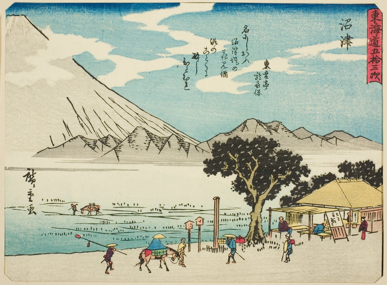Numazu, a "Tokaido ötvenhárom állomása (Tokaido gojusan tsugi)" sorozatból, más néven Tokaido verssel (Kyoka iri Tokaido) alkotó: Utagawa Hiroshige