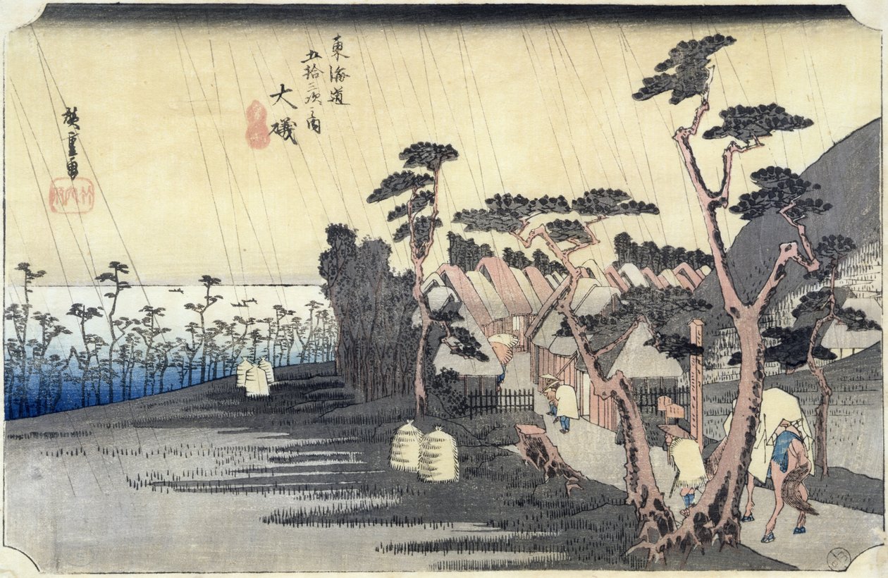 Oiso: Toraga Ame Shower, „A Tokaido út 53 állomása” sorozatból, 1834-35 (színes fatömbnyomat) alkotó: Utagawa Hiroshige