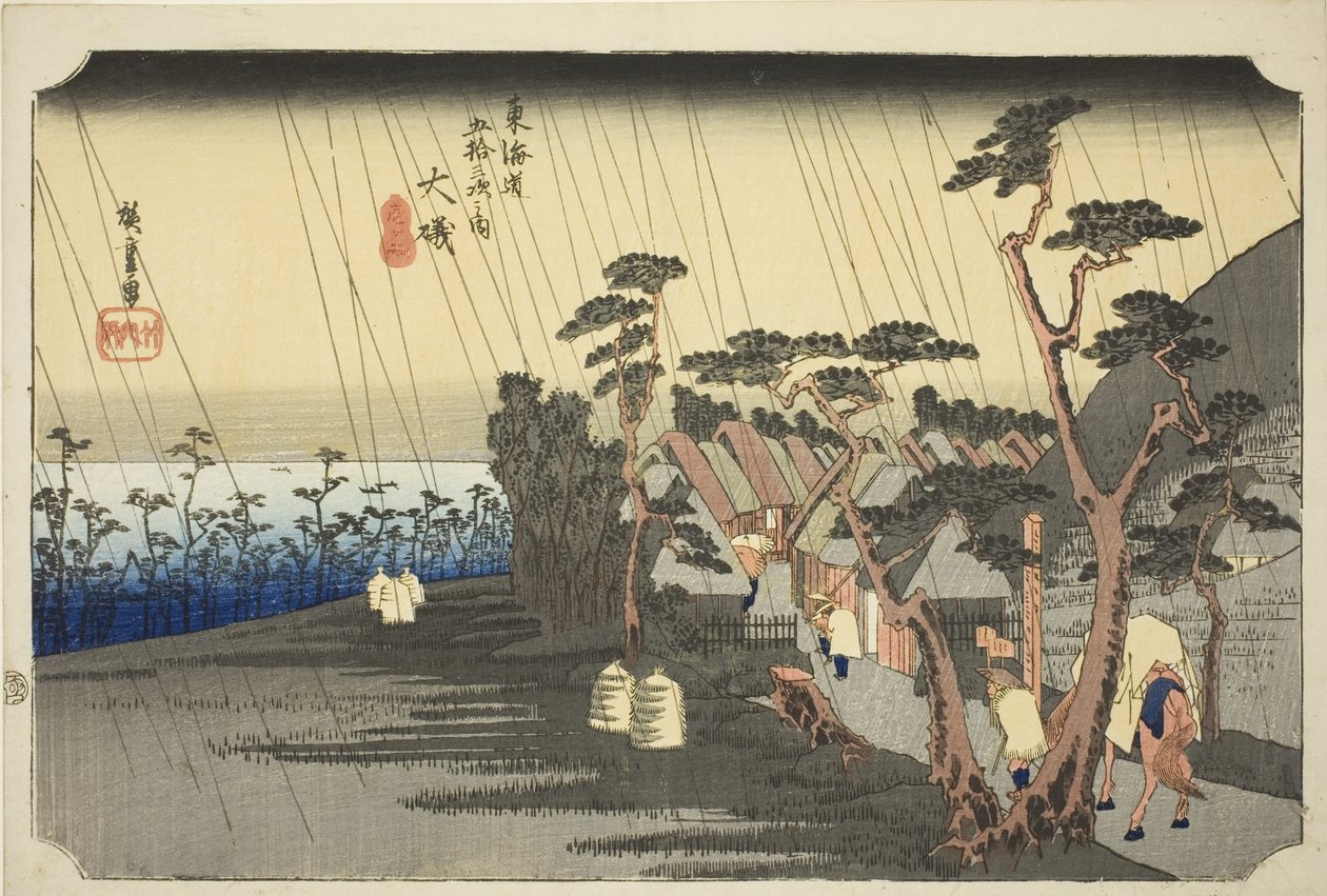 Oiso: Tora esője (Oiso, Tora ga ame), a "Tokaido út ötvenhárom állomása (Tokaido gojusan tsugi no uchi)" című sorozatból, amely Hoeido Tokaido néven is ismert. alkotó: Utagawa Hiroshige