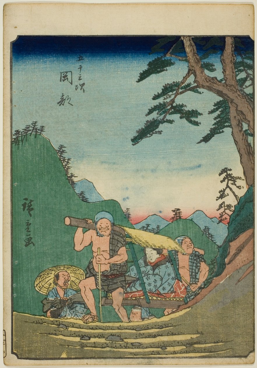 Okabe, from the series "Fifty-three Stations [of the Tokaido] (Gojusan tsugi)," also known as the Figure Tokaido (Jinbutsu Tokaido) alkotó: Utagawa Hiroshige
