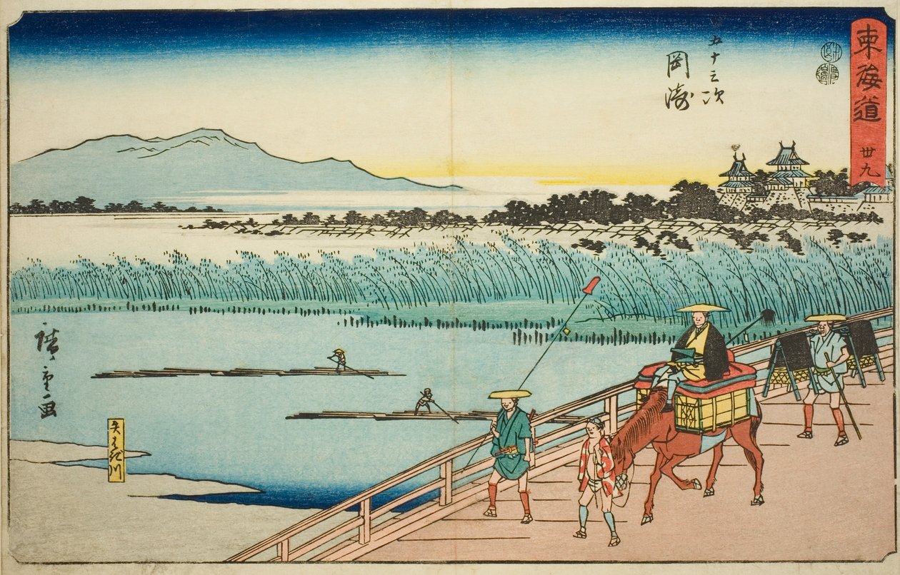 Okazaki: Yahagi River (Okazaki, Yahagigawa) – 39., a "Tokaido ötvenhárom állomása (Tokaido gojusan tsugi)" sorozatból, más néven Reisho Tokaido alkotó: Utagawa Hiroshige