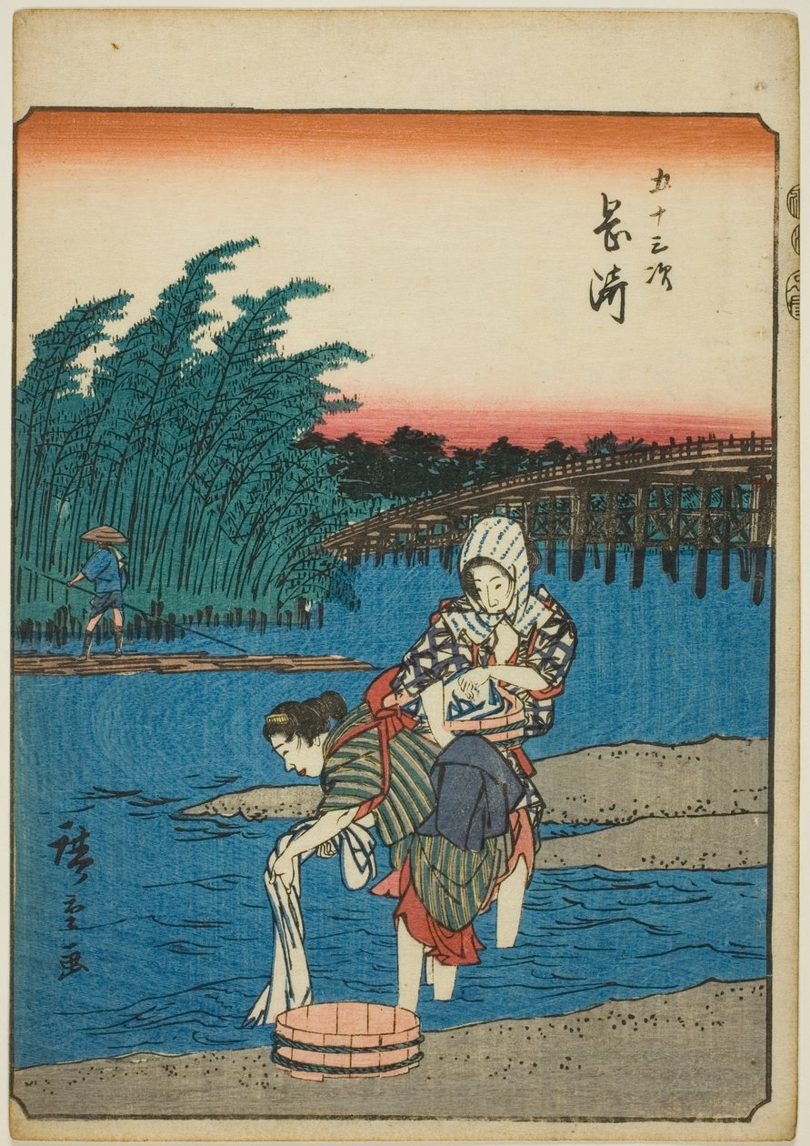 Okazaki, a te sorozatból: "Ötvenhárom S tachi hangzás a városiságról" (Goshuyama a következő) alkotó: Utagawa Hiroshige