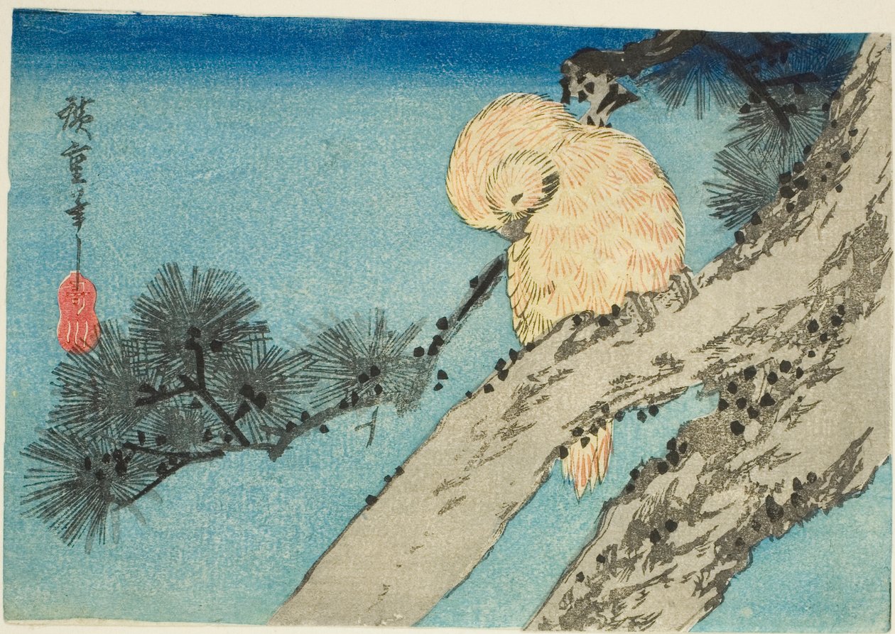 Bagoly a fenyő ágon alkotó: Utagawa Hiroshige