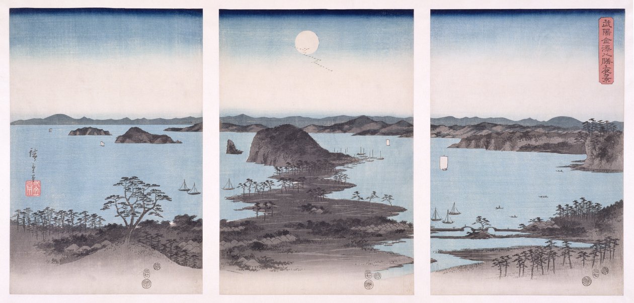 Panoráma Kanazawa panorámájáról telihold alatt, a „Hó, Hold és virágok” sorozatból, 1857 (fatömbnyomat) alkotó: Utagawa Hiroshige