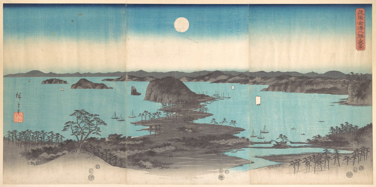 Kanazava nyolc látképének panorámája teliholdnál alkotó: Utagawa Hiroshige