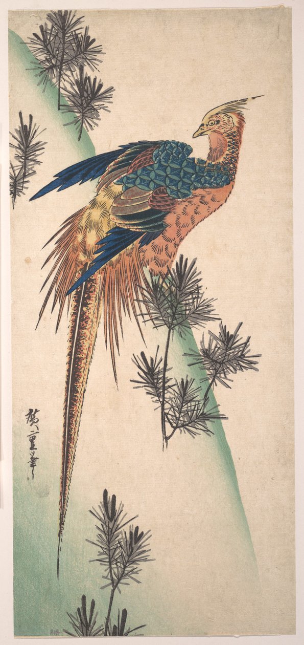 Fácán és fenyők havas hegyoldalon alkotó: Utagawa Hiroshige