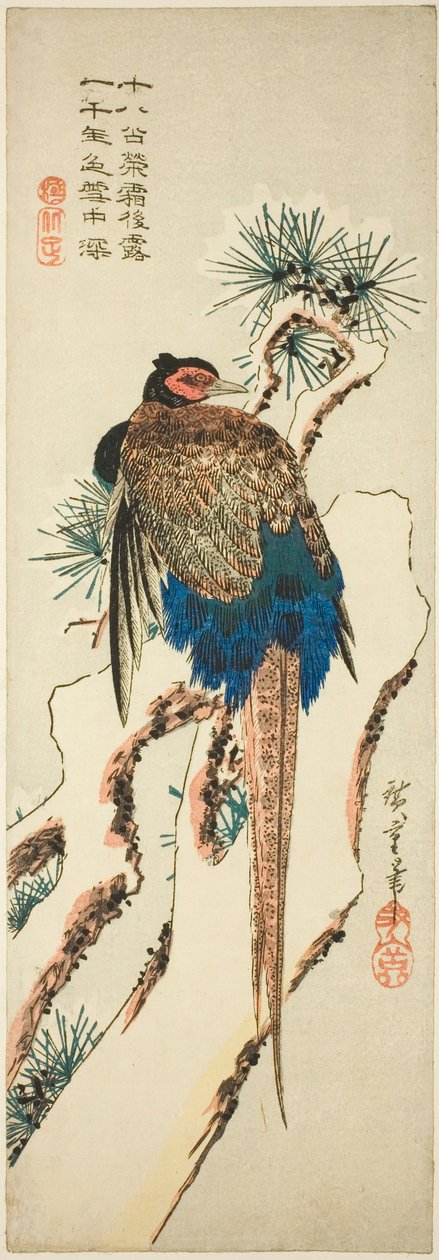 Fácán egy hóval borított fenyőfán alkotó: Utagawa Hiroshige