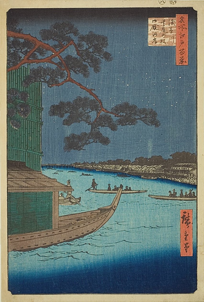 Siker fenyője és Oumayagashi, Asakusa folyó (Asakusagawa Shubi no matsu Oumayagashi), No.61 a "Száz híres nézet Edóról (Meisho Edo hyakkei)" sorozatból. alkotó: Utagawa Hiroshige
