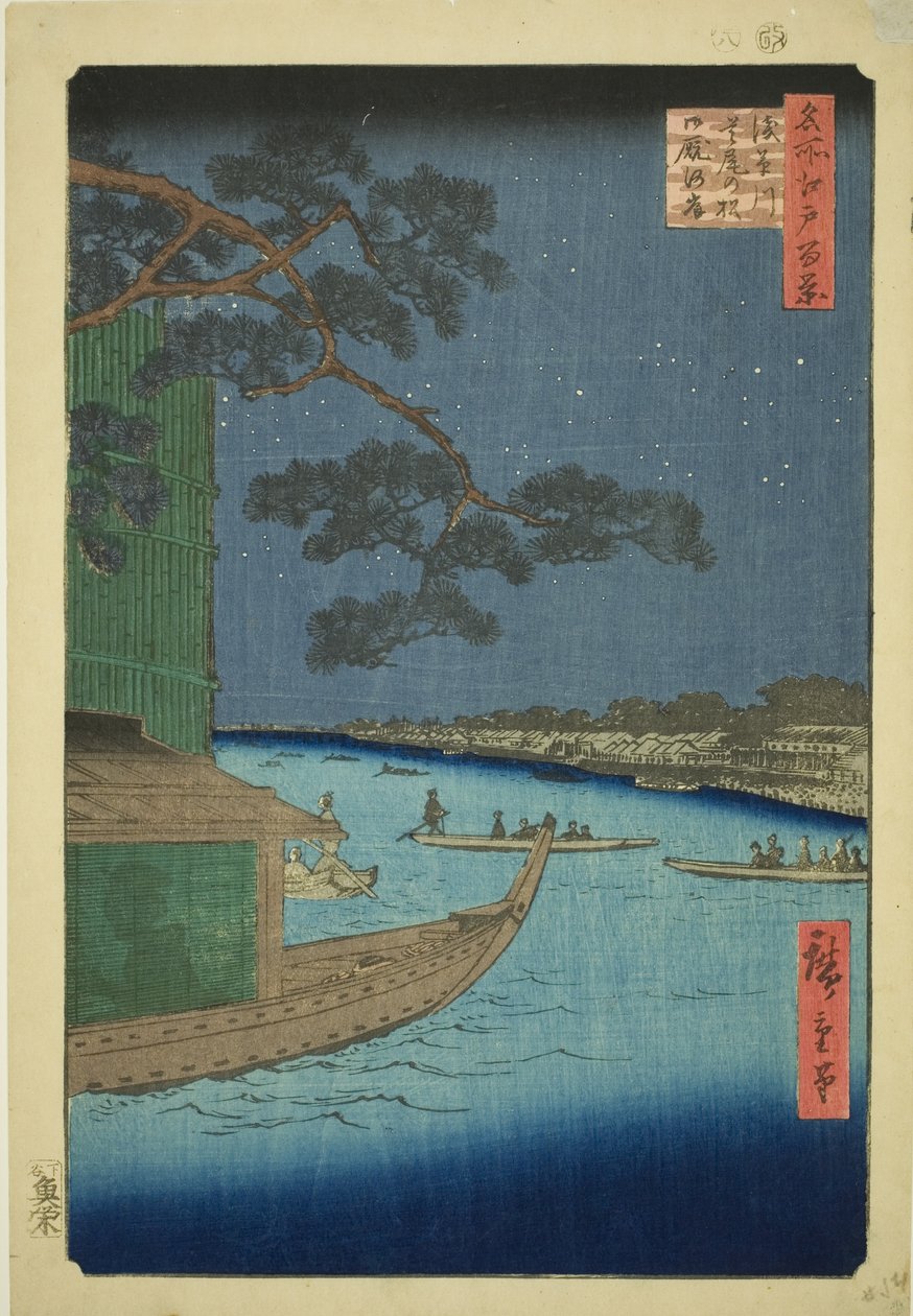 Pine f Sutto Plan d Mtable, Asakusa folyó (Az Asakusa folyó védelme fenyőlovak és az éhezés), Edo száz kilátása)” alkotó: Utagawa Hiroshige