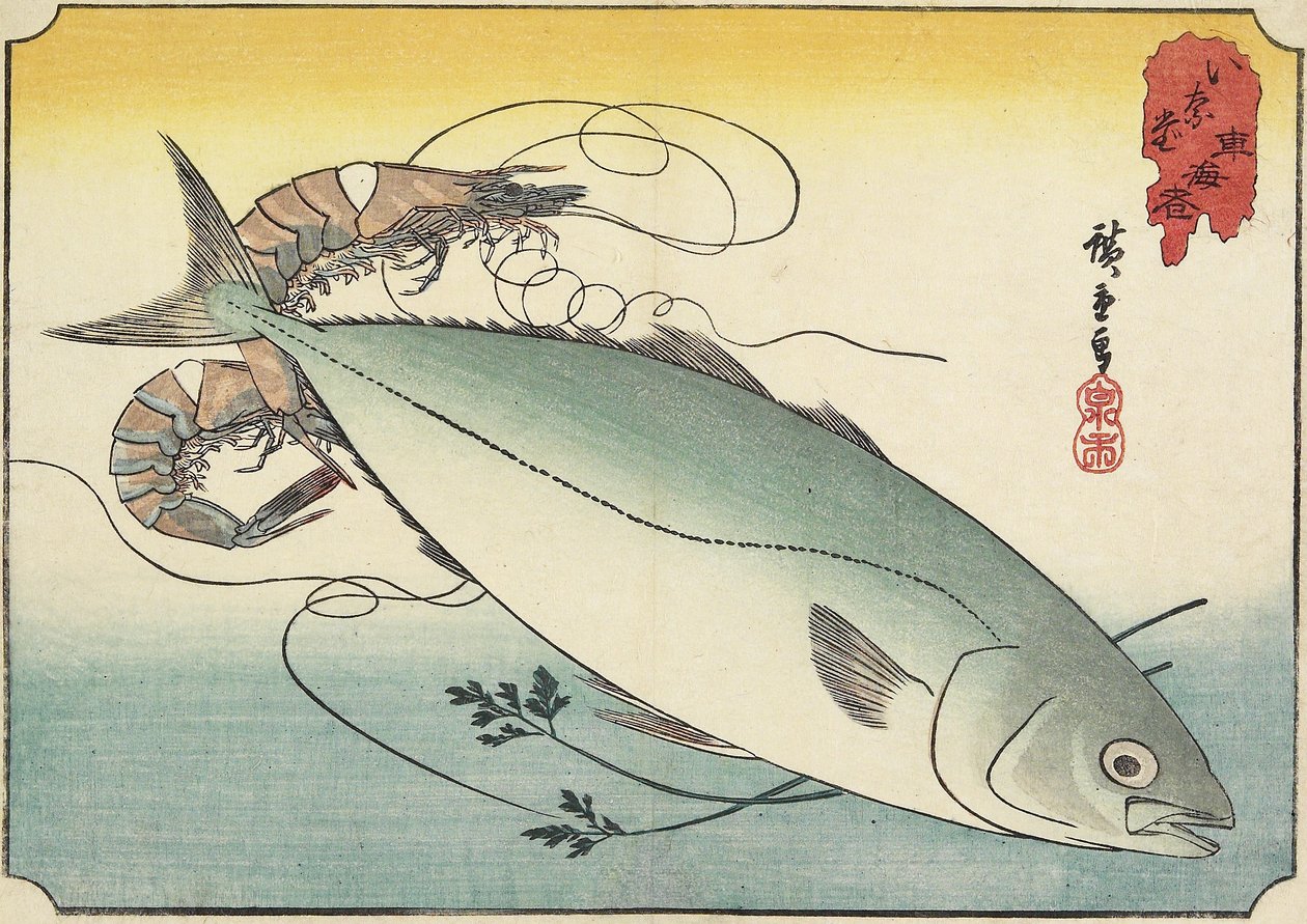 Garnéla és sárga farok, 19. század eleje alkotó: Utagawa Hiroshige