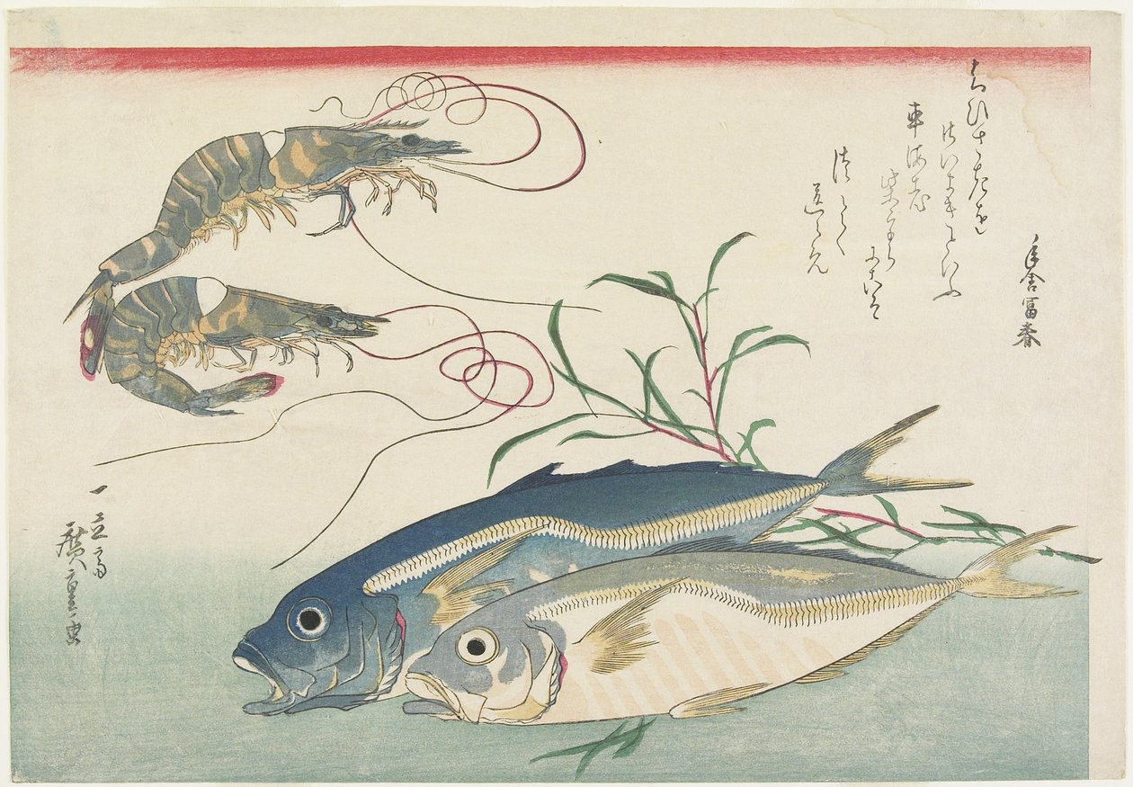 Garnélarák, fattyúmakréla és marhafű, 1832-1833 alkotó: Utagawa Hiroshige