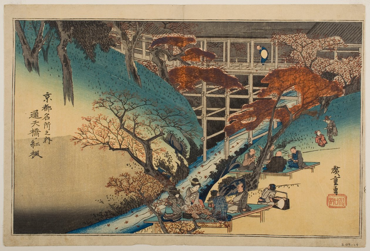 Vörös juharfák a Tsūten-hídnál, a „Kiotói nevezetességek” című sorozatból alkotó: Utagawa Hiroshige