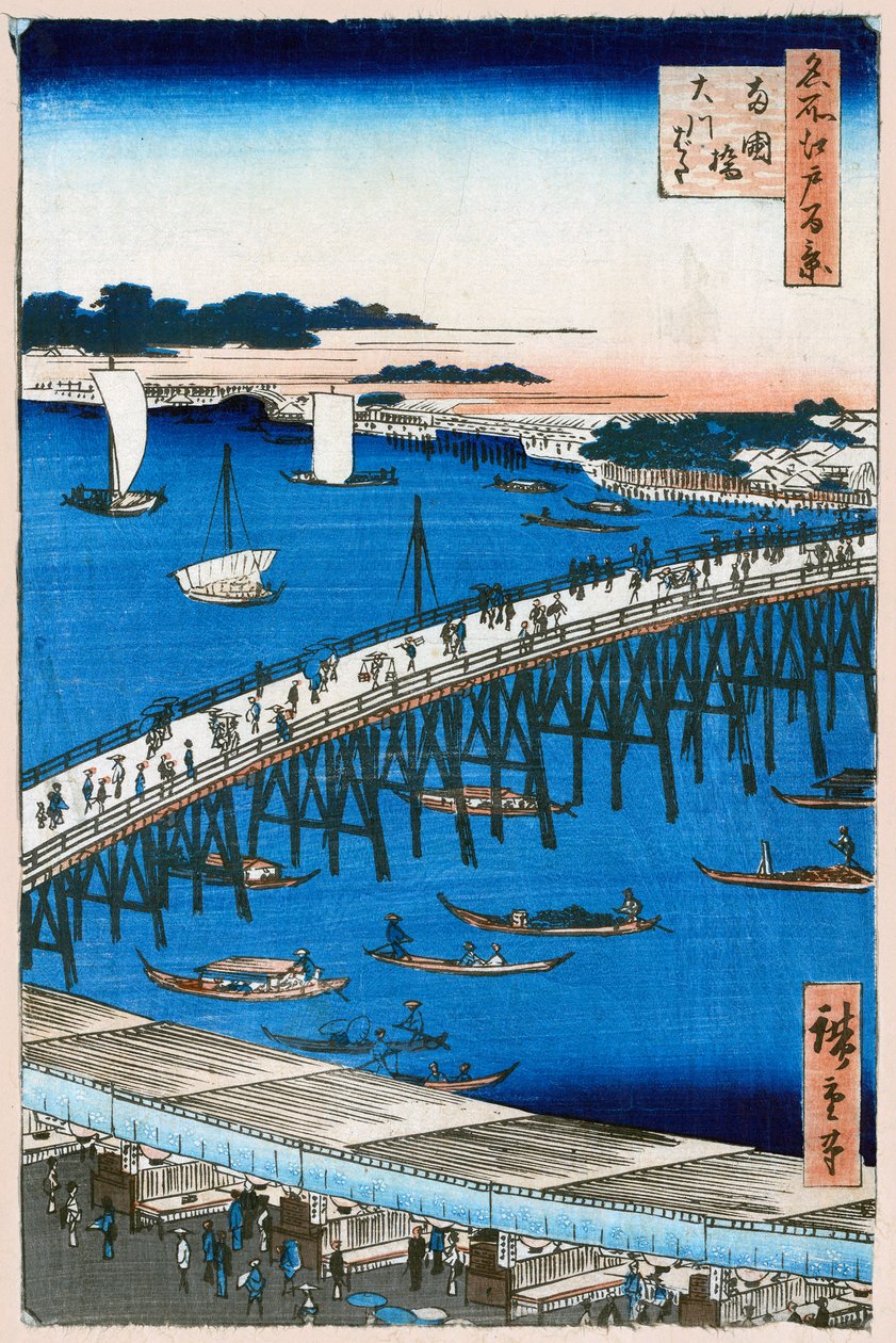 Folyópart a Ryogoku-hídnál Edo száz híres kilátása, 1856-1858. alkotó: Utagawa Hiroshige