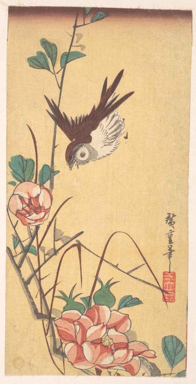 Rózsák és veréb alkotó: Utagawa Hiroshige