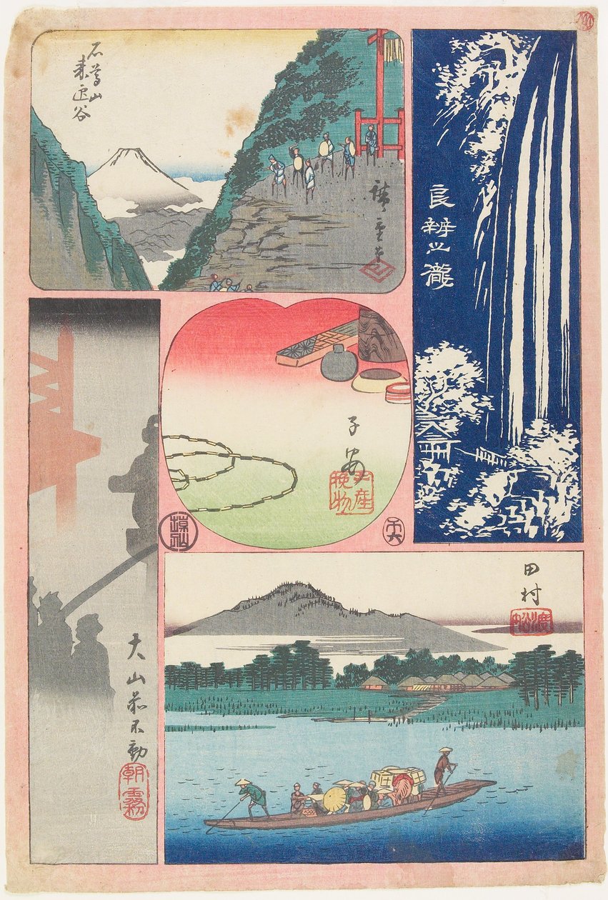 Ryōben-zan-vízesés, Komp Tamurában, Reggeli köd az Ōyama-szentélynél, Hegy és völgy, Emlék Koyasuból alkotó: Utagawa Hiroshige