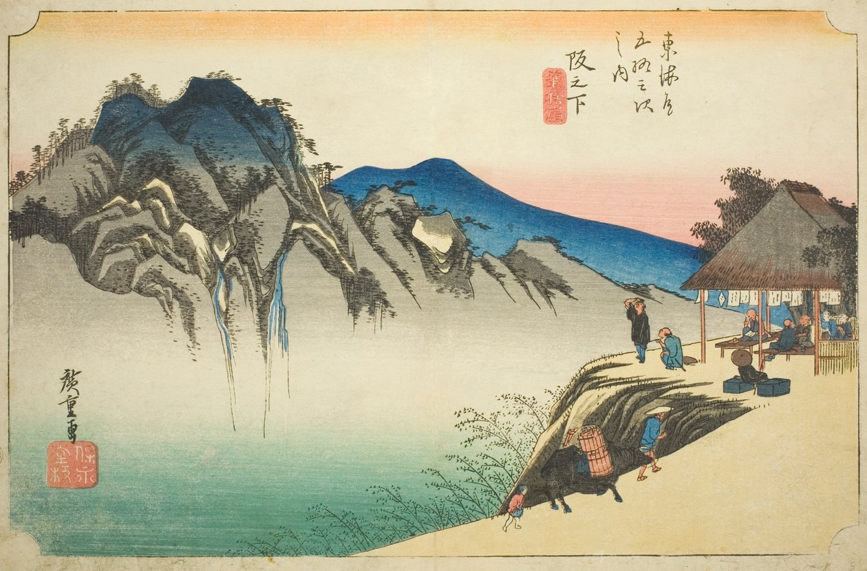 Sakanoshita: A Fudesute hegy csúcsa (Sakanoshita, Fudesute bánya), a "Tokaido ötvenhárom állomása (Tokaido gojusan tsugi no uchi)" sorozatból, más néven Hoeido Tokaido alkotó: Utagawa Hiroshige