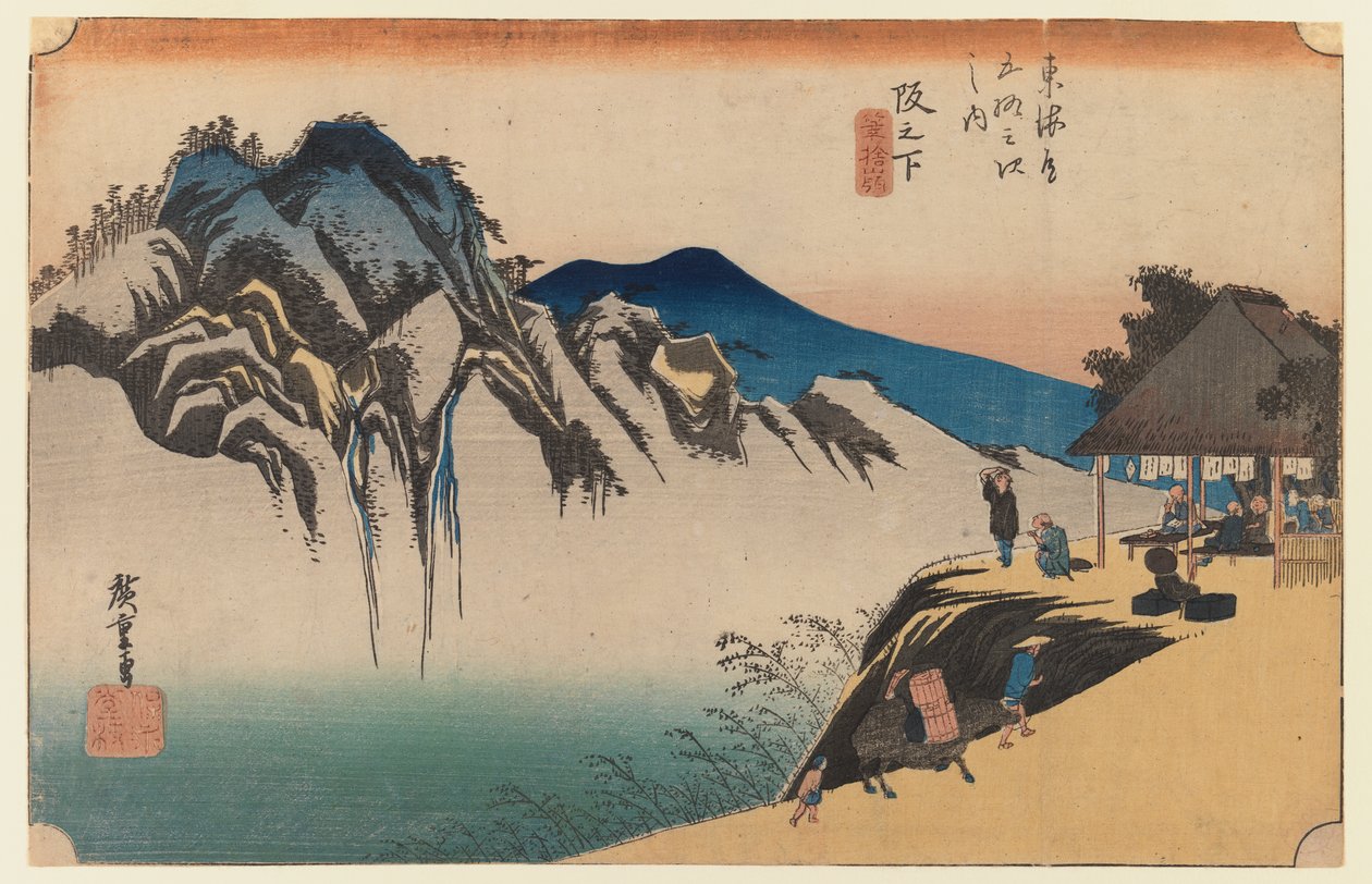 Sakanoshita: The Throwing Away the Brush Peak, az első Tokaido sorozat 49. lemeze, 1834 körül (színes fatömbnyomat) alkotó: Utagawa Hiroshige