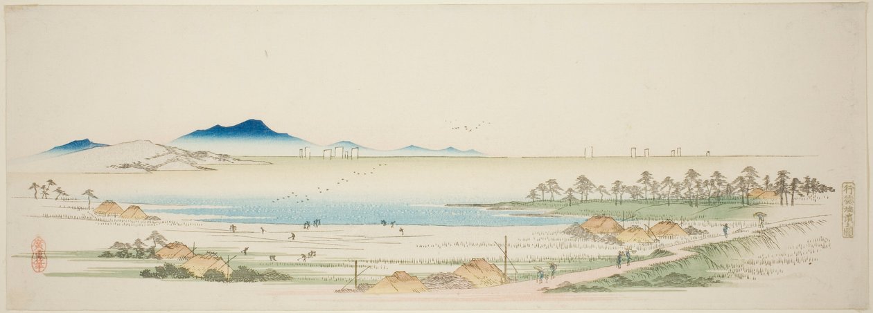 Gyotoku sós strandja (Gyotoku shiohama no zu), az Edo külvárosának híres kilátásait bemutató sorozatból alkotó: Utagawa Hiroshige