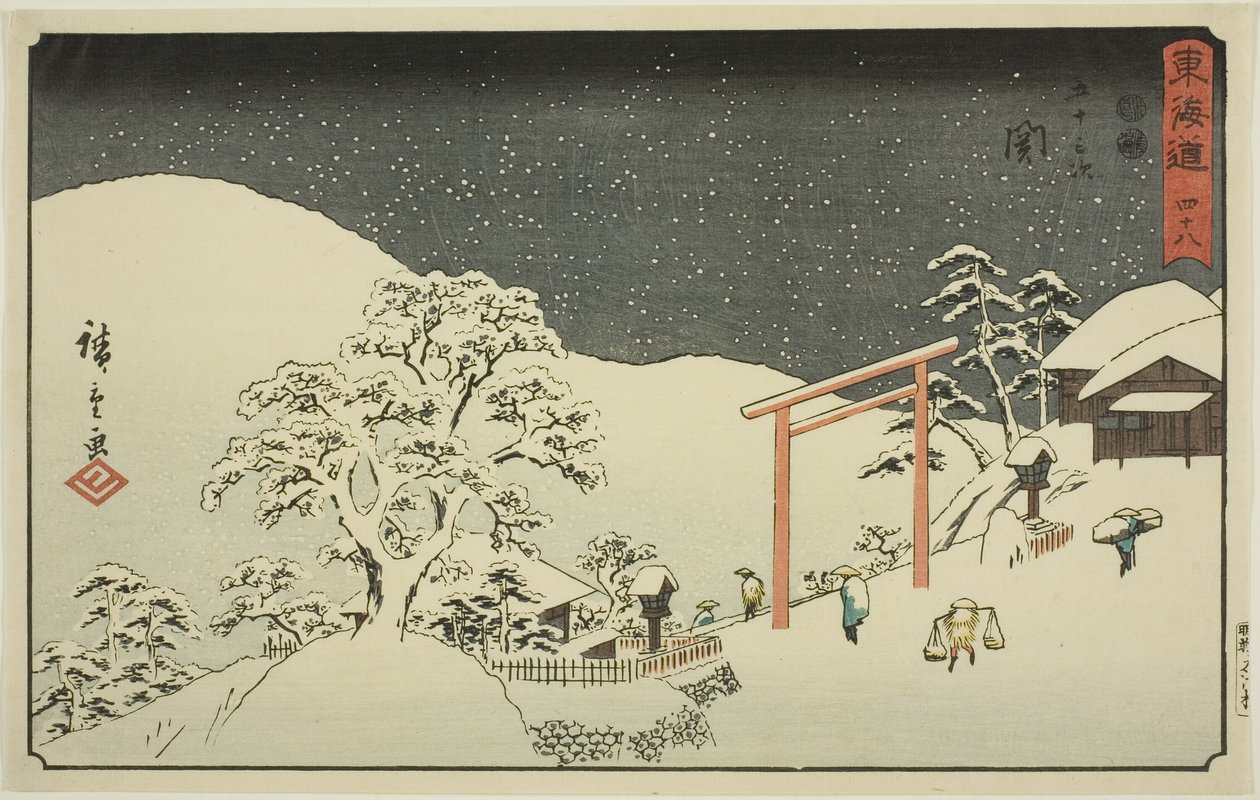 Seki – Nem. 48, a "Tokaido ötvenhárom állomása (Tokaido gojusan tsugi)" sorozatból, más néven Reisho Tokaido alkotó: Utagawa Hiroshige