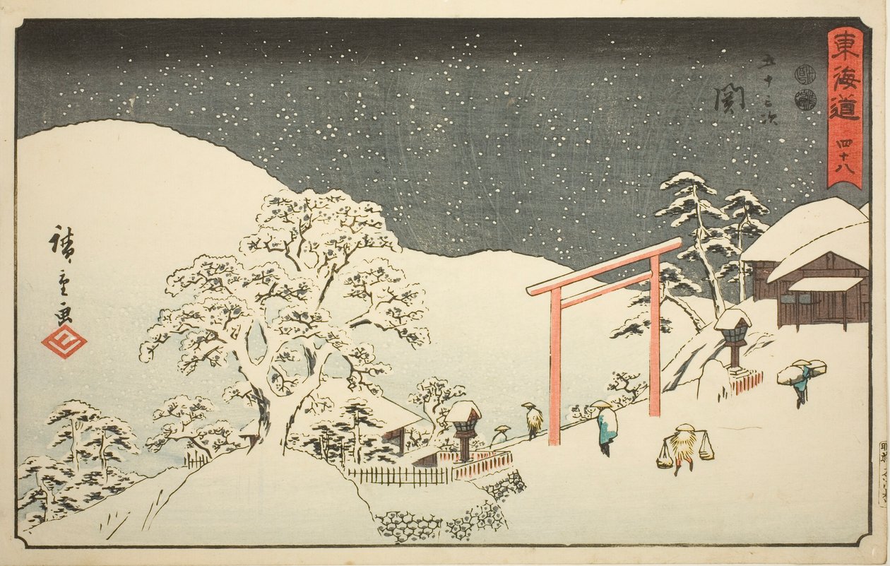 Seki – Nem. 48, a "Tokaido ötvenhárom állomása (Tokaido gojusan tsugi)" sorozatból, más néven Reisho Tokaido alkotó: Utagawa Hiroshige
