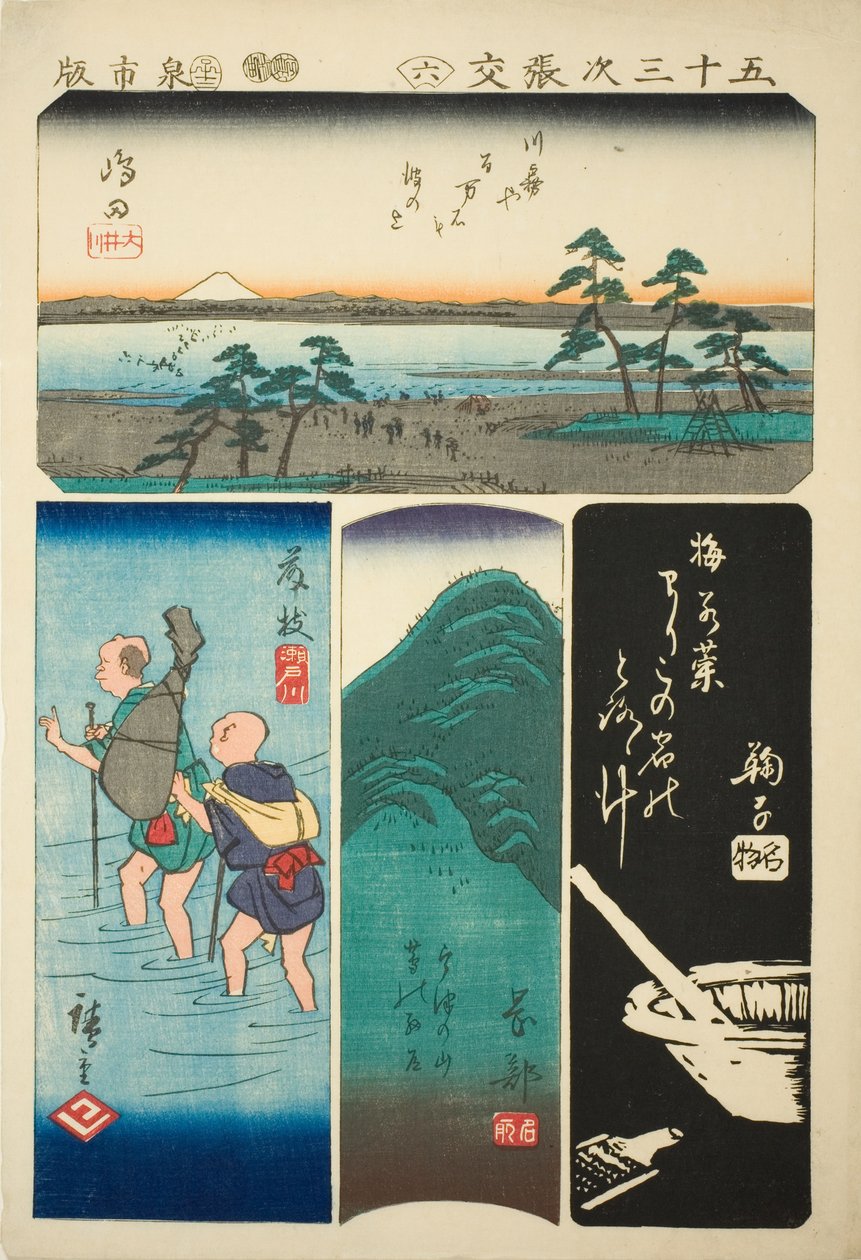 Shimada, Fujieda, Okabe és Mariko, sz. 6 az "Ötvenhárom állomás kivágásai (Gojusan tsugi harimaze)" sorozatból alkotó: Utagawa Hiroshige