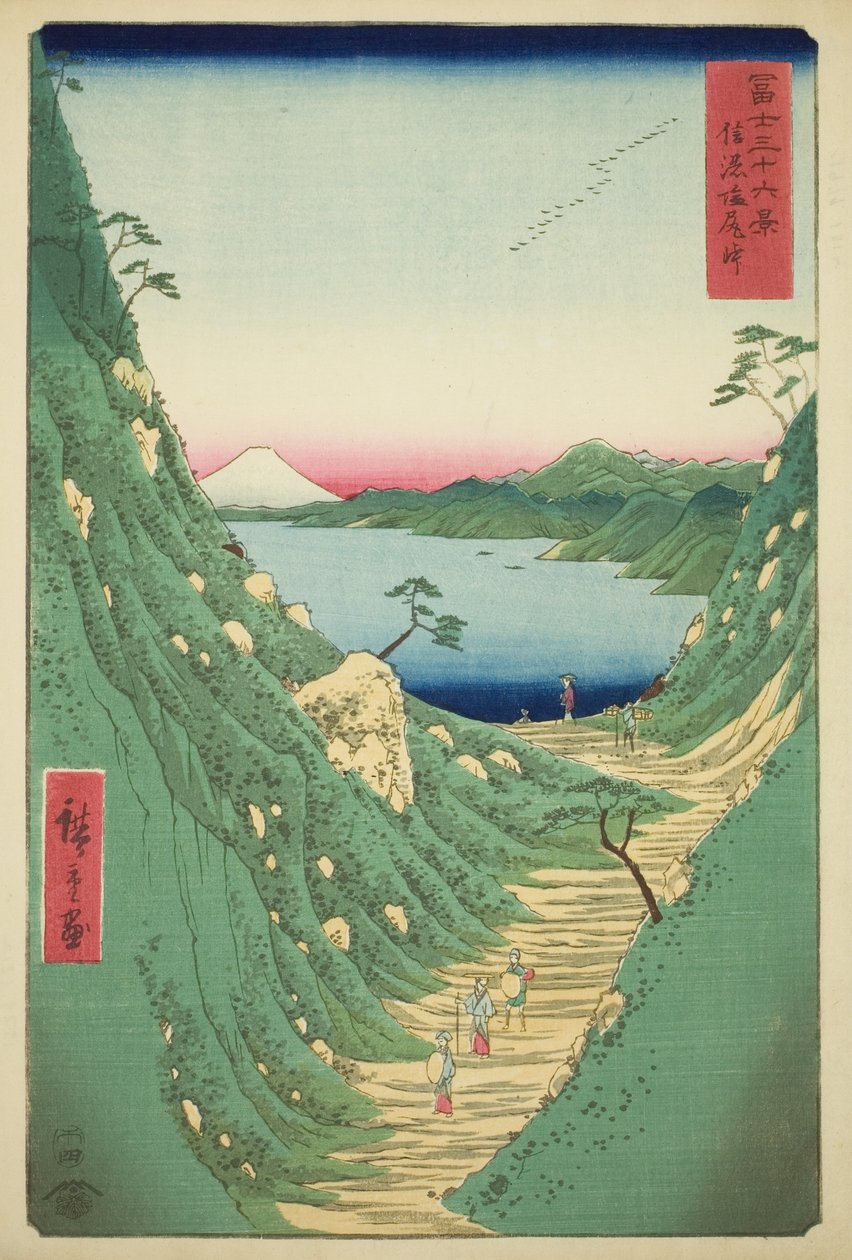 Shiojiri-hágó Shinano tartományban (Shinano Shiojiri toge), a "Harminchat kilátás a Fuji-hegyre (Fuji sanjurokkei)" sorozatból alkotó: Utagawa Hiroshige
