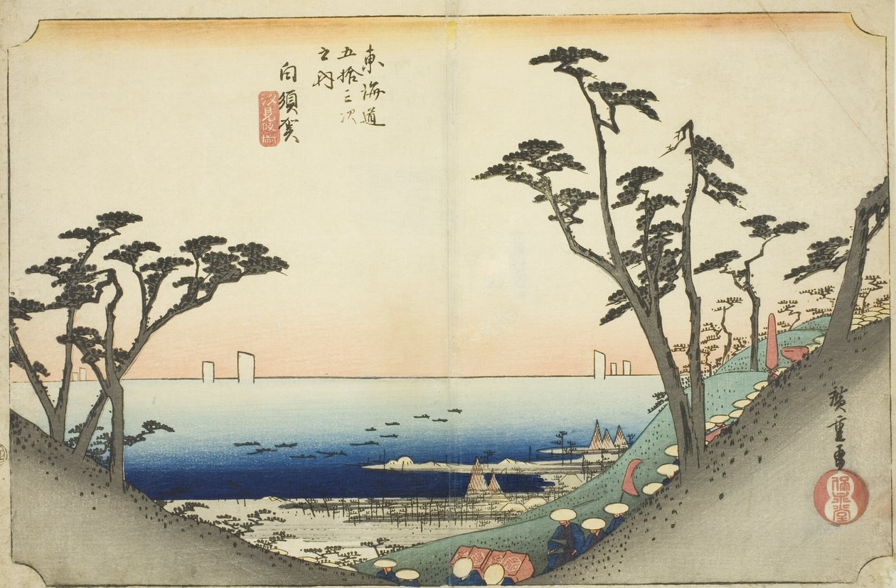 Shirasuka: Kilátás a Shiomi-lejtőre (Shirasuka, Shiomizaka zu), a "Tokaido ötvenhárom állomása (Tokaido gojusan tsugi no uchi)" sorozatból, más néven Hoeido Tokaido alkotó: Utagawa Hiroshige