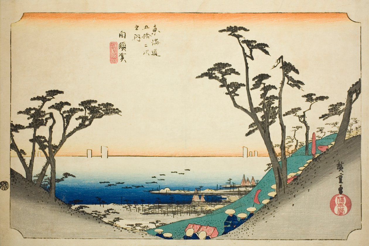 Shirasuka: Kilátás a Shiomi-lejtőre (Shirasuka, Shiomizaka zu), a "Tokaido ötvenhárom állomása (Tokaido gojusan tsugi no uchi)" sorozatból, más néven Hoeido Tokaido alkotó: Utagawa Hiroshige
