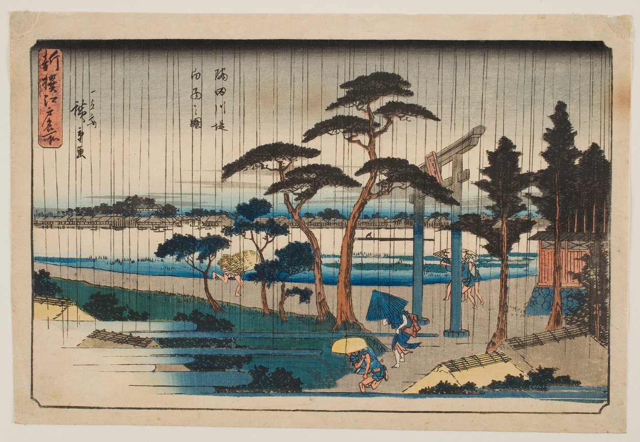 Zuhany a Sumida-folyó partján, az „Edo híres helyeinek új válogatása” című sorozatból alkotó: Utagawa Hiroshige