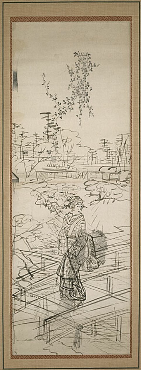 Hídon átkelő nő vázlata alkotó: Utagawa Hiroshige
