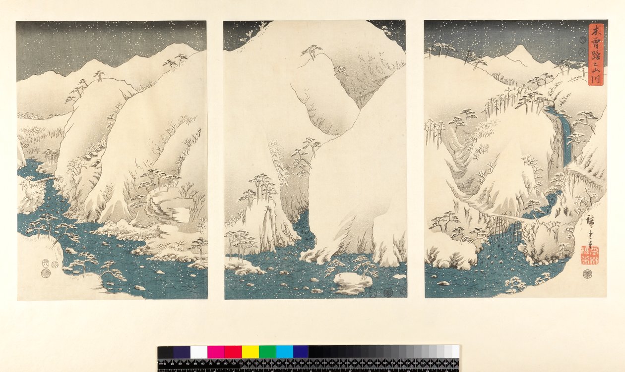Hóvihar a Kiso hegyeiben és folyóin, (sanmaitsuzuki - triptichon, yoko-e - vízszintes formátum, színes fametszet) alkotó: Utagawa Hiroshige