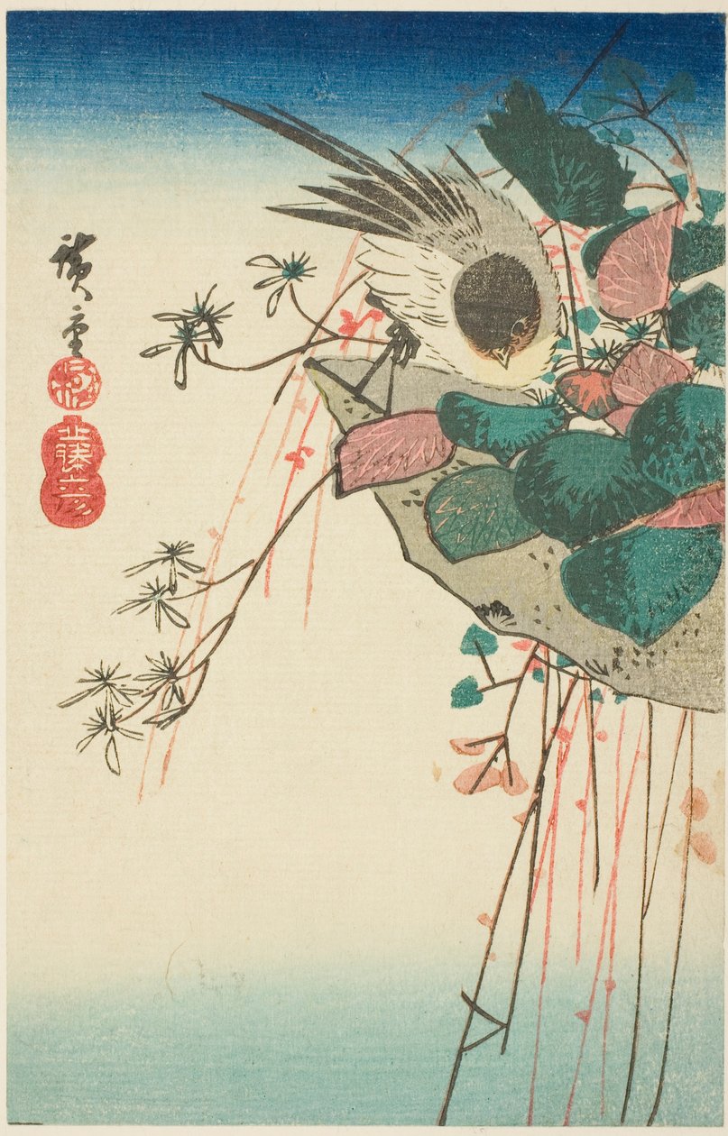 Sparrow egy függő ültetvényen alkotó: Utagawa Hiroshige