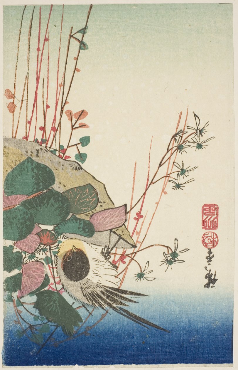 Sparrow egy függő ültetvényen alkotó: Utagawa Hiroshige