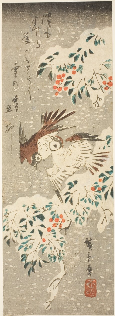 Verebek repkednek a hóval borított Nandina körül, miközben egyre több hó esik alkotó: Utagawa Hiroshige
