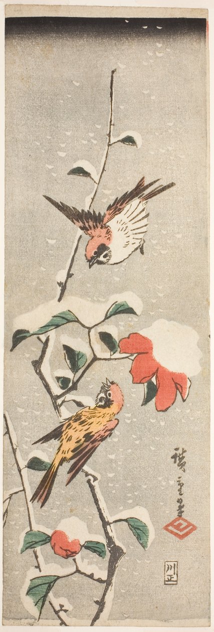 Veréb és kamélia hóban alkotó: Utagawa Hiroshige