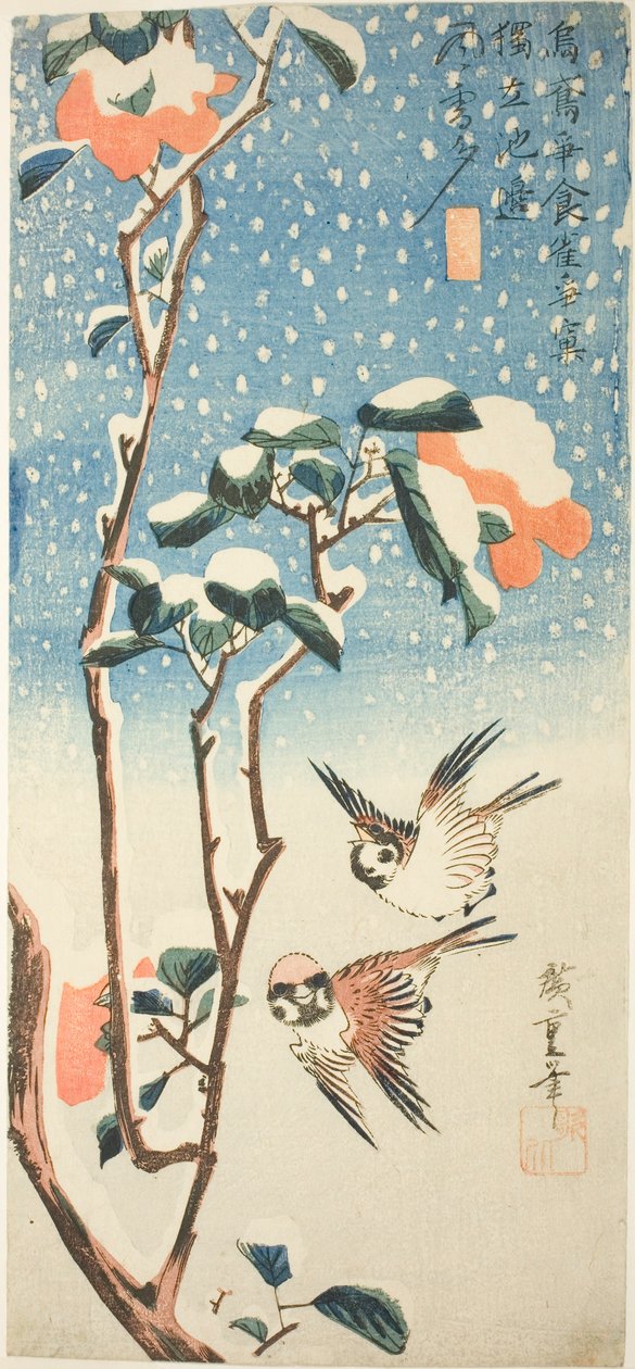 Veréb és kamélia hóban alkotó: Utagawa Hiroshige