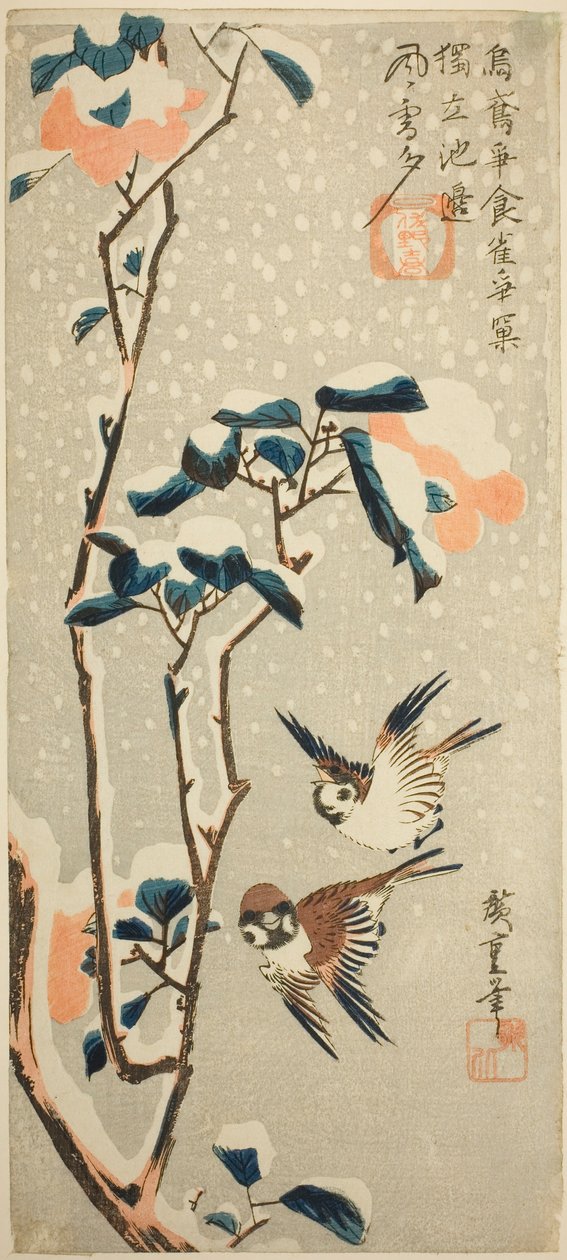 Veréb és kamélia hóban alkotó: Utagawa Hiroshige