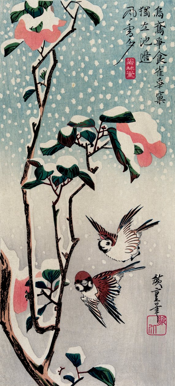 Verebek és kaméliák a hóban, 1830-as évek. alkotó: Utagawa Hiroshige