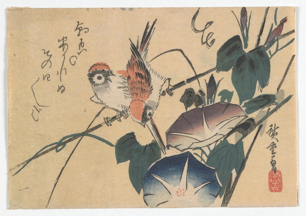 Veréb és hajnalka, Edo-korszak, 1830-as évek vége (színes fametszet) alkotó: Utagawa Hiroshige