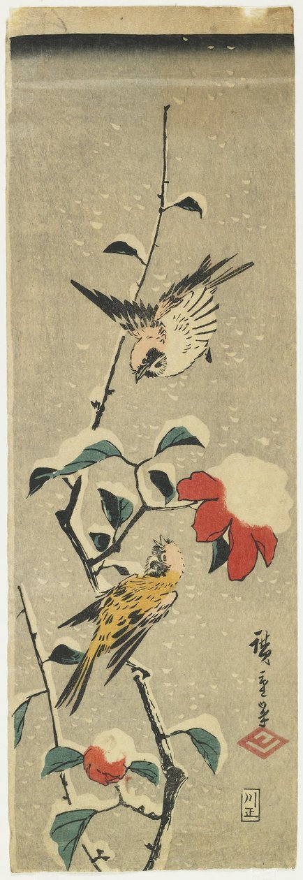 Veréb és havas kamélia, 1837-1848 alkotó: Utagawa Hiroshige