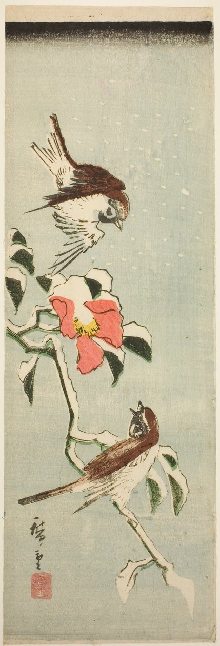 Veréb és kamélia a hóban alkotó: Utagawa Hiroshige