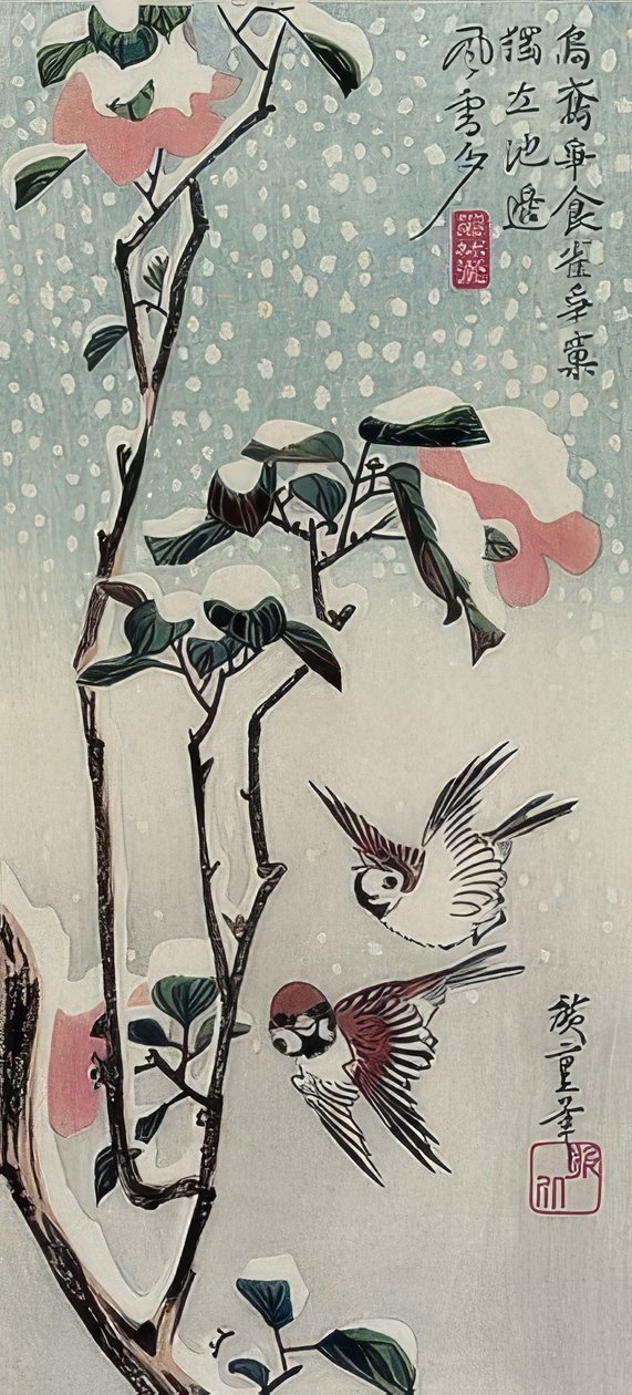 Verebek és kaméliák a hóban alkotó: Utagawa Hiroshige