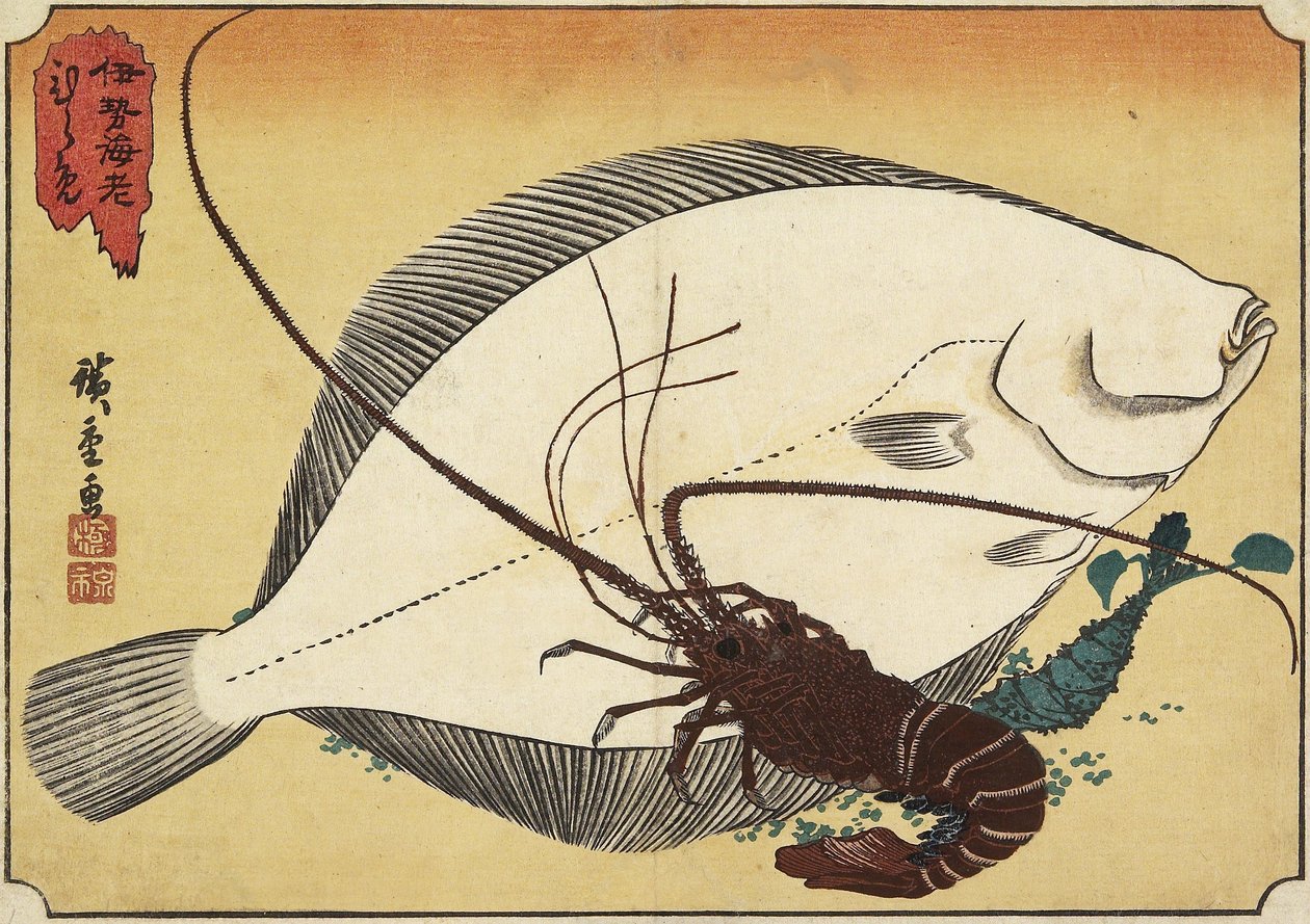 Tüskés homár és lepényhal, 19. század eleje alkotó: Utagawa Hiroshige