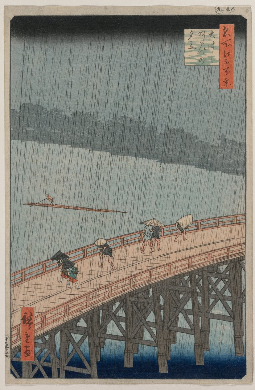 Hirtelen zápor a Shin-Ōhashi híd és az Atake felett, az Edo száz híres képe című sorozatból alkotó: Utagawa Hiroshige