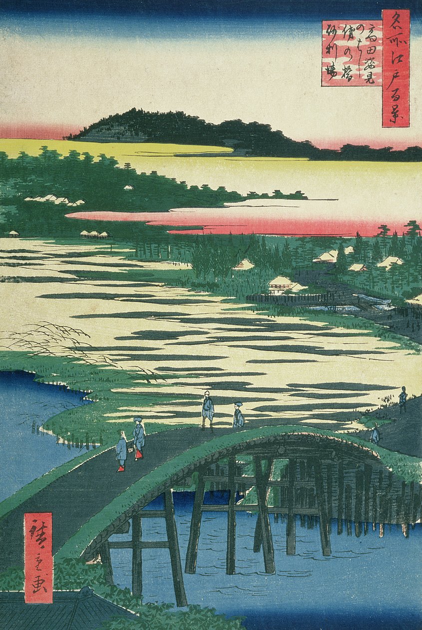 Sugatami híd, Omokage híd és Jariba Takatánál, a "Száz híres edói látkép" sorozatból, 1857 (színes fametszet) alkotó: Utagawa Hiroshige