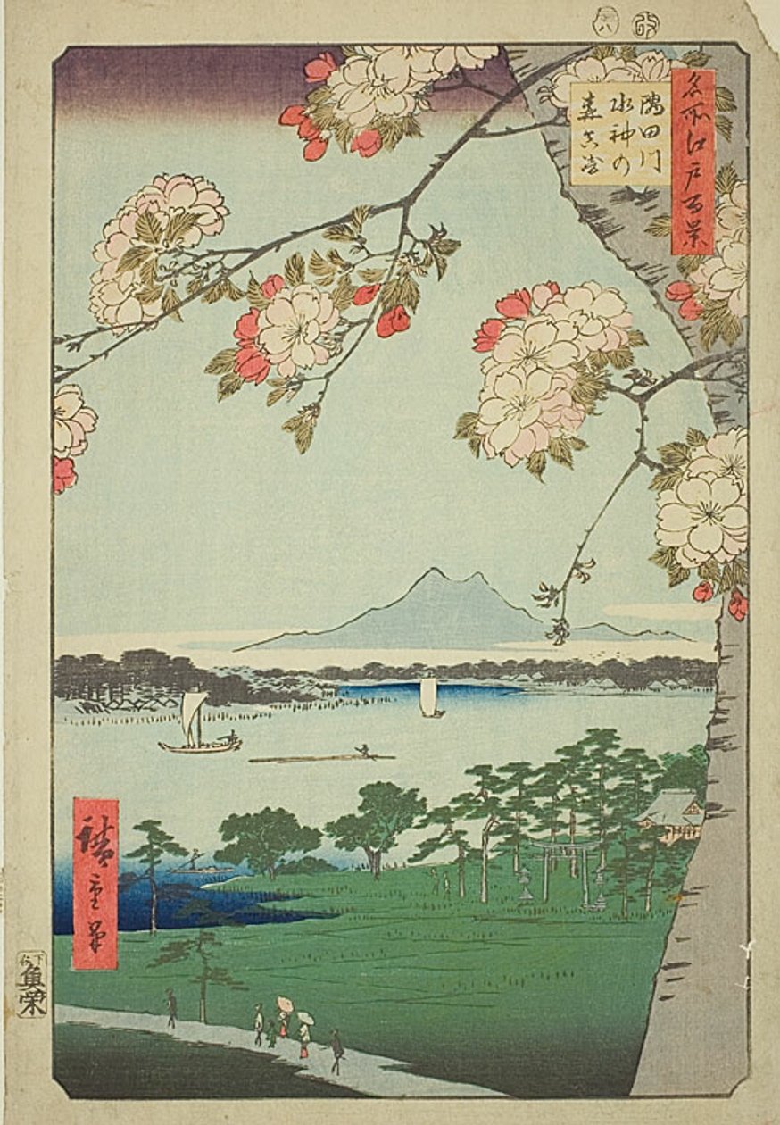 Suijin szentély és Massaki a Sumida folyón (Sumidagawa Suijin no mori Massaki), No.35 a "One Hundred Famous Views of Edo (Meisho Edo hyakkei)" sorozatból. alkotó: Utagawa Hiroshige