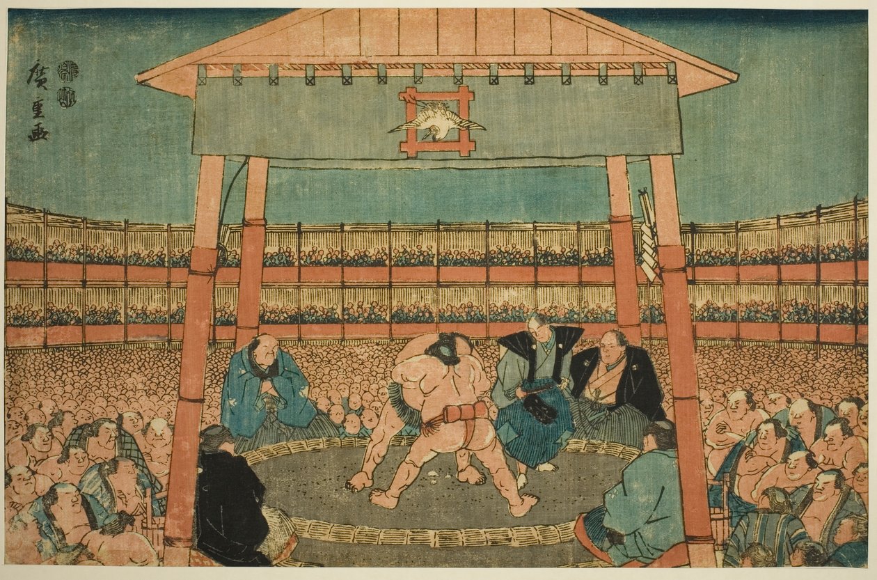 Szumómeccs az Ekoin Templom környékén (Ekoin keidai sumo no zu), a "Ryogoku a keleti fővárosban (Toto Ryogoku)" sorozatból alkotó: Utagawa Hiroshige
